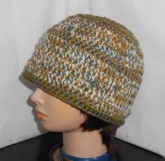 ℳ・緑／茶系／白色・ゆったり目・クラッシャーハット・男女兼用・ハンドメイド手編