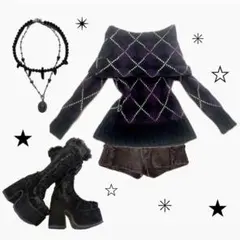 オフショルダー　紫黒　アーガイル　ニット　平成ギャル　y2k セーター　姫ギャル