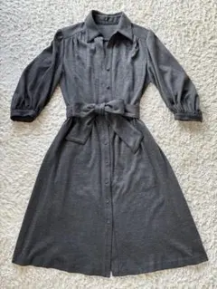 ICB グレー ワンピース 七分袖 襟付き　リボンベルト付き