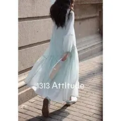 シフォンワンピースレトロスリーブブルー透け感シースルー長袖大人可愛い上品大人韓国