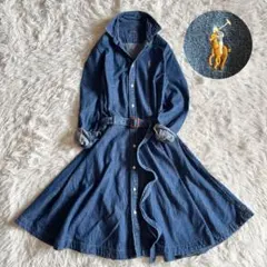 美品✨ ポロラルフローレン デニムシャツワンピース フレア 刺繍 ウエストリボン