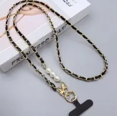 可愛いスマホケース用チェーン＆PUレザー ショルダーストラップ　ブラック 黒色