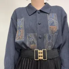 グレー系 刺繍 昭和レトロ 古着 長袖 ヴィンテージ ブラウス