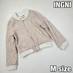 【イング】ピンクの差し色が可愛いツイードジャケット　フルジップ　ハートの裏地　M