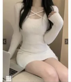 フロントクロスデザインニットミニワンピース[th003] アイボリー　美品