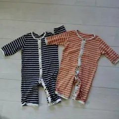 ストライプロンパース 2点セット (黒と白、オレンジ)　50〜70cm