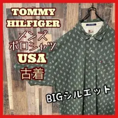 トミーヒルフィガー 総柄 グリーン メンズ 2XL 古着 半袖 ポロシャツ