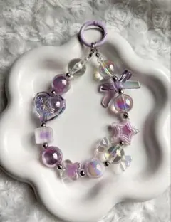 ハンドメイド　ビーズストラップ　紫　ビーズキーホルダー　韓国　スマホストラップ