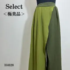 ワイドパンツ バイカラー ラップスカート風 ウエスト背面ゴム Lカーキ×オリーブ
