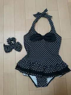 ドーリーリボン 100㎝ 黒の水玉の水着 ワンピース 髪ゴム付き 2点セット
