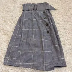 2383 チェック柄フレアスカート ウエストゴム ベルト付き トレンチ 綺麗め