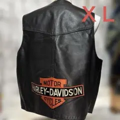 Harley-Davidson ￼刺繍レザー ベスト黒ブラックXL大きいサイズ