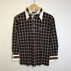 【Y2K】チェック柄 デザイン襟 ロゴ刺繍 長袖シャツ ブラウン 古着 Mサイズ