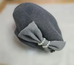グレー ベレー帽 リボン パール付き
