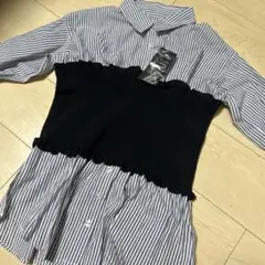 新品 ストライプシャツ ドッキングニット