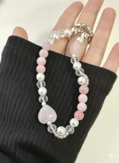 ハンドメイド パール ビーズ スマホストラップ ピンク