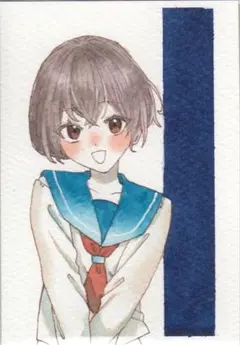 女子学生 水彩 イラスト 原画 A7 オリジナル 手描き