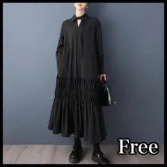 モード　ロングワンピース　切替え　マキシ丈　長袖　黒　フレア　リボン　Vネック