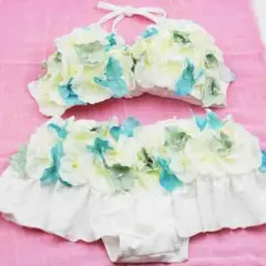 【新品送料無料！】お花水着☆ ホワイトブルーグリーン スカート