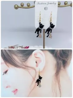 492 アシメ 猫 ネコ お花 リボン ブラック 大ぶり♡ピアス/イヤリング
