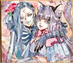 手描きイラスト オリジナル ミニ色紙 ハロウィン 黒猫とスカルレディ 女の子