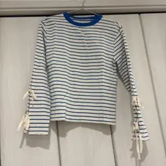 長袖 ボーダーカットソー 袖リボン ブルー　Mサイズ