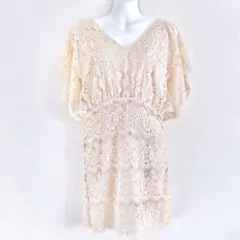 ドロップショルダーベージュオフショルシースルードレスワンピースフラワー総レース花