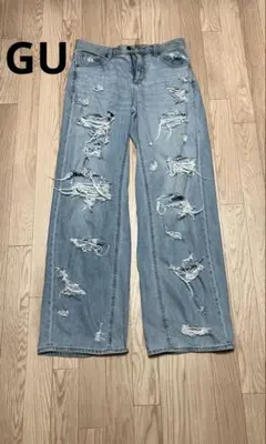 GU ローライズバギージーンズ　丈長め　L ダメージ加工