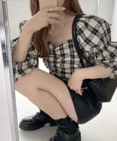 Heather チェックシャーリングブラウス　ホワイト系