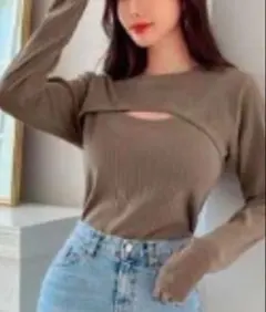 SHEIN Dazy カーキ色リブ編み長袖トップス