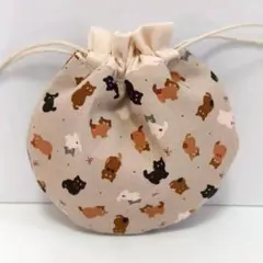 ベージュのミニ猫　 ミニ まんまる 巾着　ハンドメイド