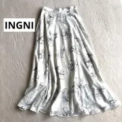 INGNI フラワープリント ホワイト フレアロングスカート 裏地あり
