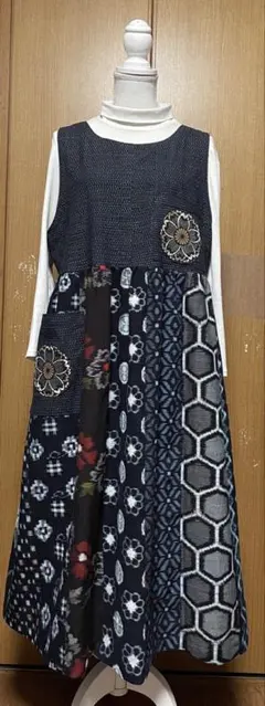 着物リメイク　絣(木綿)のパッチワークノースリーブワンピース　ジャンパースカート