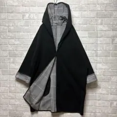 ロングコート XL ブラック 美品 フリース生地 チェック ポンチョ風 軽い