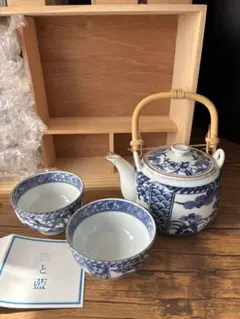 白と藍 染付 茶器セット 急須 湯呑み 5客木箱入り