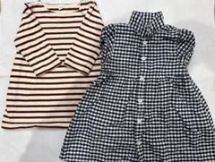 【美品】無印 90㎝ チェック柄パフスリーブ袖ワンピ 100㎝ ボーダーワンピ