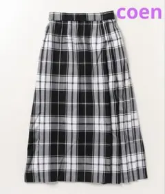 coen コーエン ロングプリーツスカート　黒×白チェック柄　L