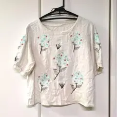 【Matelasse】刺繍　リネン混　半袖　シャツ/プルオーバー　刺繍　花柄