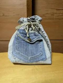 ③デニムリメイク　帆布袋　ハンドメイド　 巾着袋 　巾着