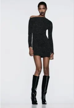 ZARA アシンメトリワンピース　ラインストーン　ブラック　S