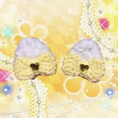 猫耳　リボン　ヘアピン　黄色　白　ねこ　編み物　ハンドメイド　メイド　アイドル