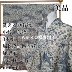 美品 洗える夏着物 小紋 薄物 芒 綿毛 身丈162cm 裄68cm ベージュ