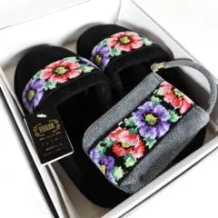 【FEILER 】新品　花柄刺繍 オープントゥスリッパ&バックセット
