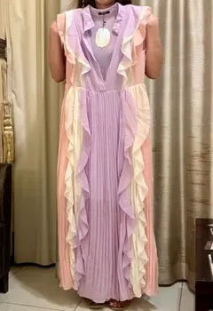 新品 LAMIA /シフォンロングワンピース/ フリル プリーツ パステル