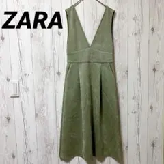 【ザラ】スエード　ワンピース グリーン カーキ ジャンパースカート　S