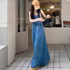 デニム サロペット ワンピース　 スリム 着痩せ 体型カバー ロング