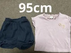 95cm フレンチスリーブTシャツピンク　花　半ズボン　ネイビー　ワッフル