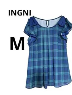 新品✨イング　フリル付きノースリーブシャツ 青緑チェック　肩リボン　可愛い　#