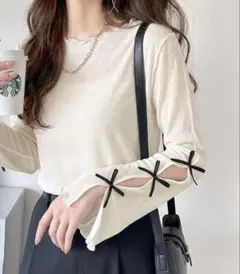 mily bilet 袖リボンスラブシアージャガードプルオーバー