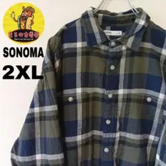 USA古着 SONOMA　ネルシャツ2XL　ネイビーモスグリーン　チェック
